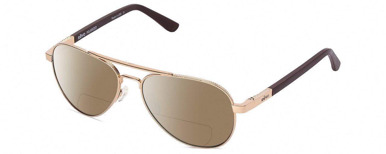 Profile View of REVO Raconteur Designer Polarized Reading Sunglasses with Custom Cut Powered Amber Brown Lenses in Gold Unisex Pilot Full Rim Metal 58 mm