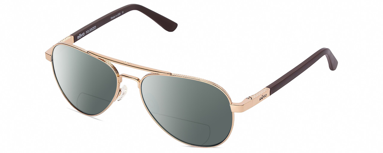 Profile View of REVO Raconteur Designer Polarized Reading Sunglasses with Custom Cut Powered Smoke Grey Lenses in Gold Unisex Pilot Full Rim Metal 58 mm