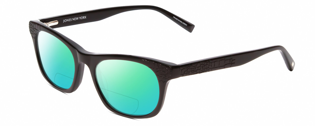 Profile View of Jones New York J229 Designer Polarized Reading Sunglasses with Custom Cut Powered Green Mirror Lenses in Black Ladies Oval Full Rim Acetate 48 mm