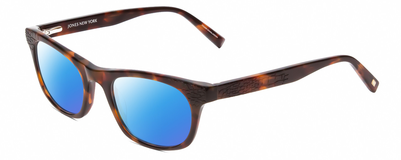 Profile View of Jones New York J229 Designer Polarized Sunglasses with Custom Cut Blue Mirror Lenses in Tortoise Havana Brown Gold Ladies Oval Full Rim Acetate 48 mm