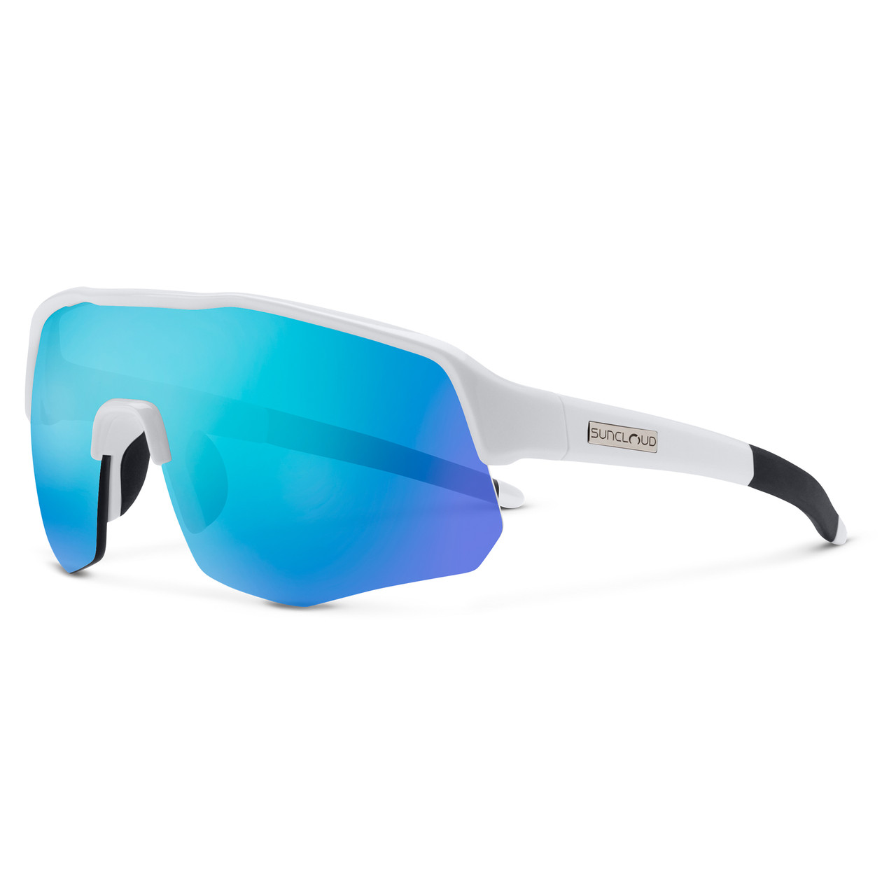 Profile View of Suncloud Cadence Pit Viper Style Semi-Rimless Sport Shield Sunglasses in White with Polar Blue Mirror