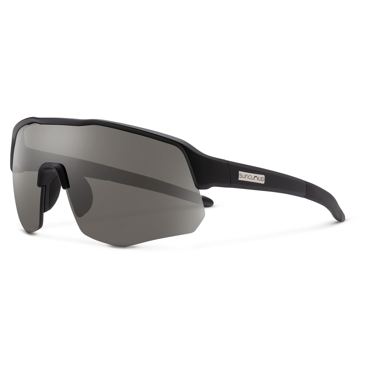 Profile View of Suncloud Cadence Pit Viper Style Semi-Rimless Sport Shield Sunglasses in Matte Black with Polar Gray
