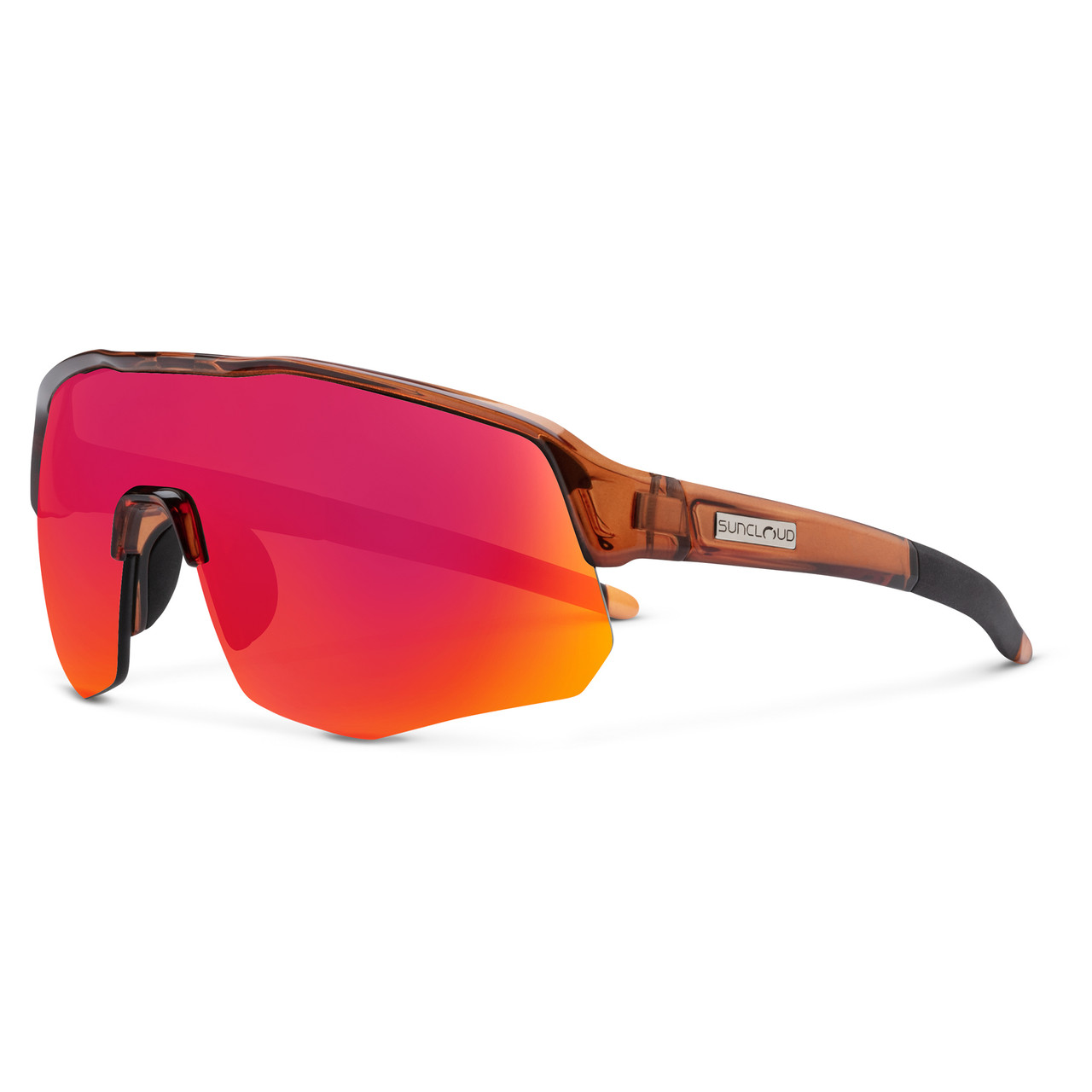 Profile View of Suncloud Cadence Pit Viper Style Semi-Rimless Sport Shield Sunglasses in Matte Crystal Amber with Polar Red Mirror
