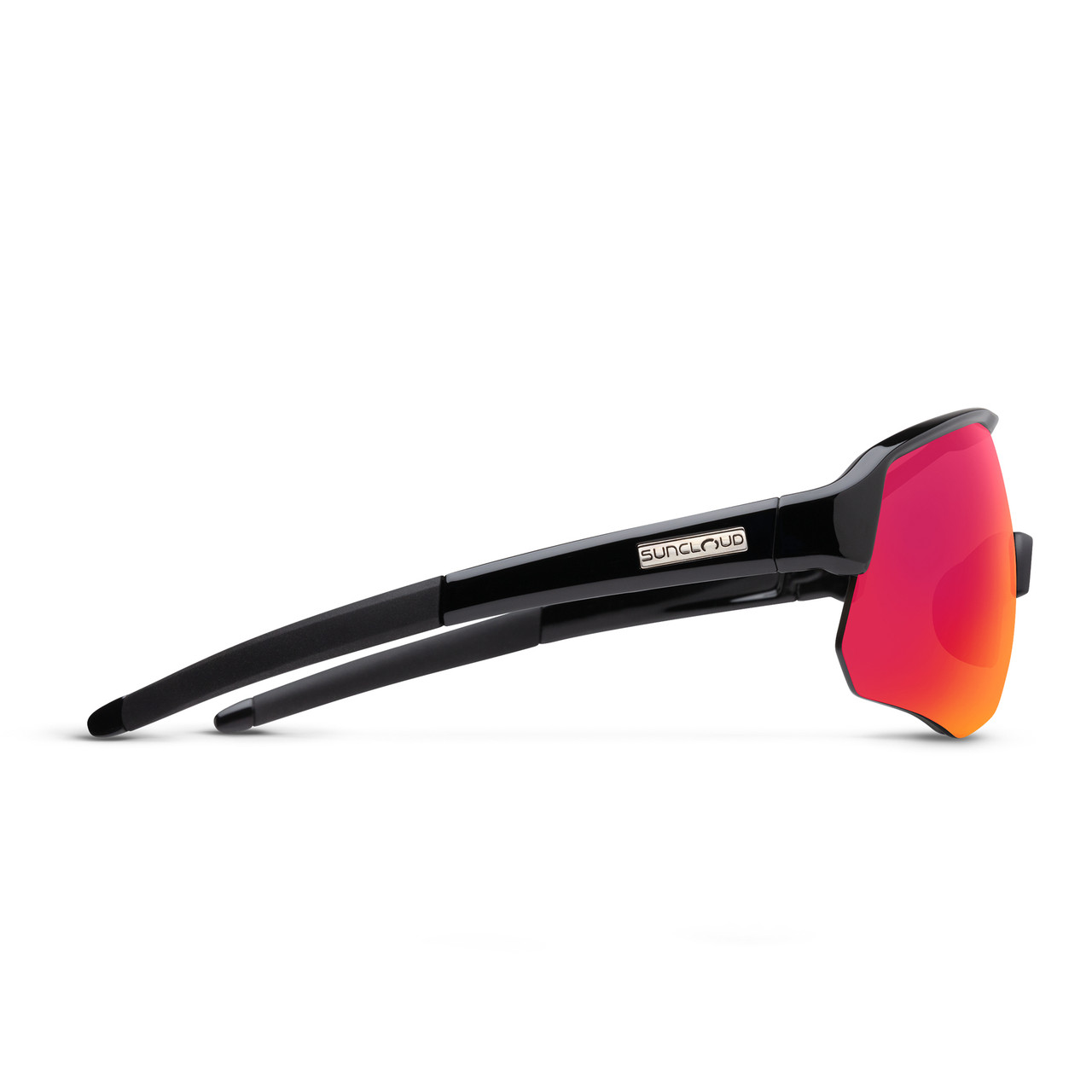 Side View of Suncloud Cadence Pit Viper Style Semi-Rimless Sport Shield Sunglasses in Black with Polar Red Mirror