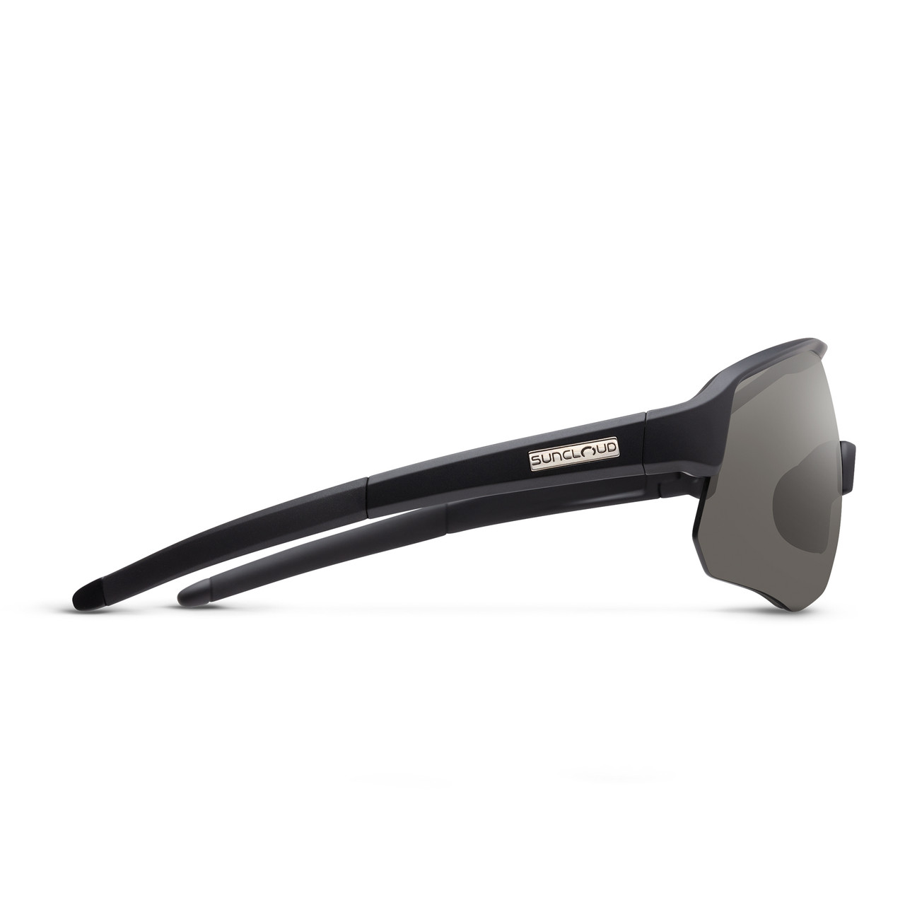 Side View of Suncloud Cadence Pit Viper Style Semi-Rimless Sport Shield Sunglasses in Matte Black with Polar Gray