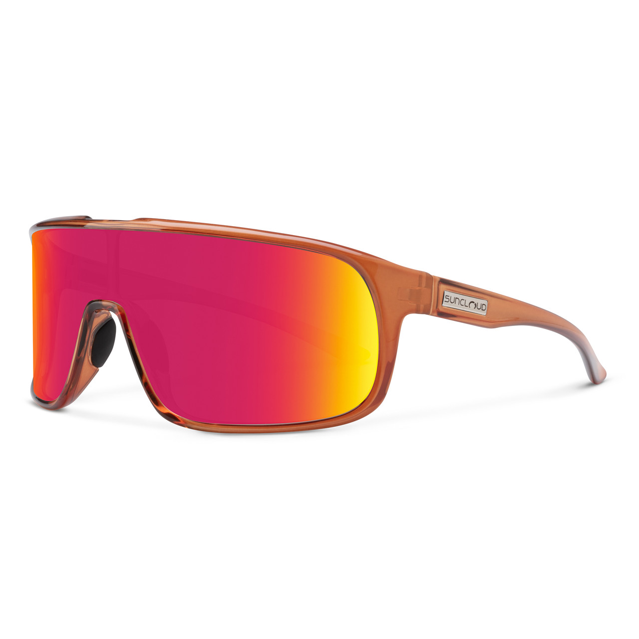 Profile View of Suncloud Double Up Pit Viper Style Full Rim Sport Shield Sunglasses in Matte Crystal Amber with Polar Red Mirror