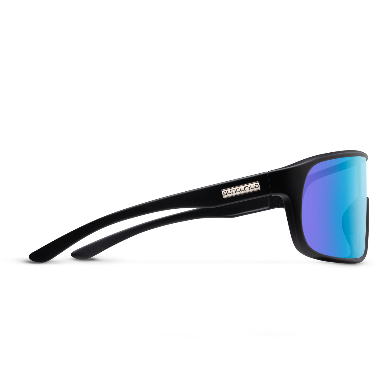 Side View of Suncloud Double Up Pit Viper Style Full Rim Sport Shield Sunglasses in Matte Black with Polar Blue Mirror