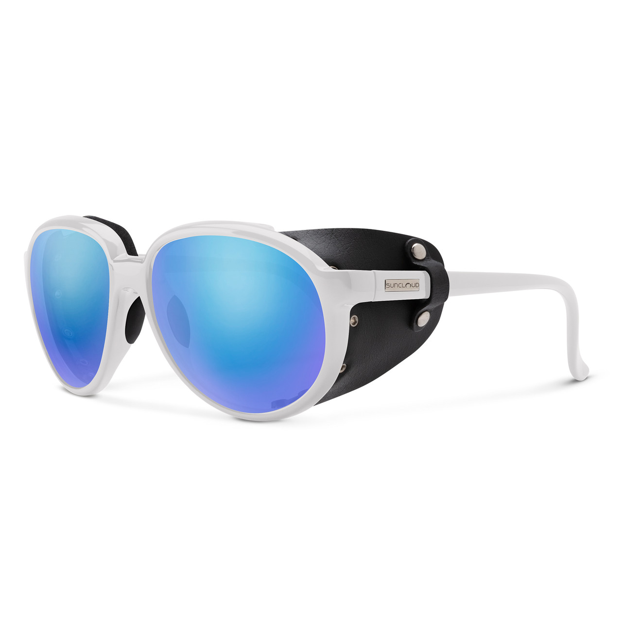 Profile View of Suncloud Glacier Mountain Climbing Hiking Style Polarized Sunglasses Unisex Acetate Round Syn. Leather Side Shield in White with Polar Blue Mirror