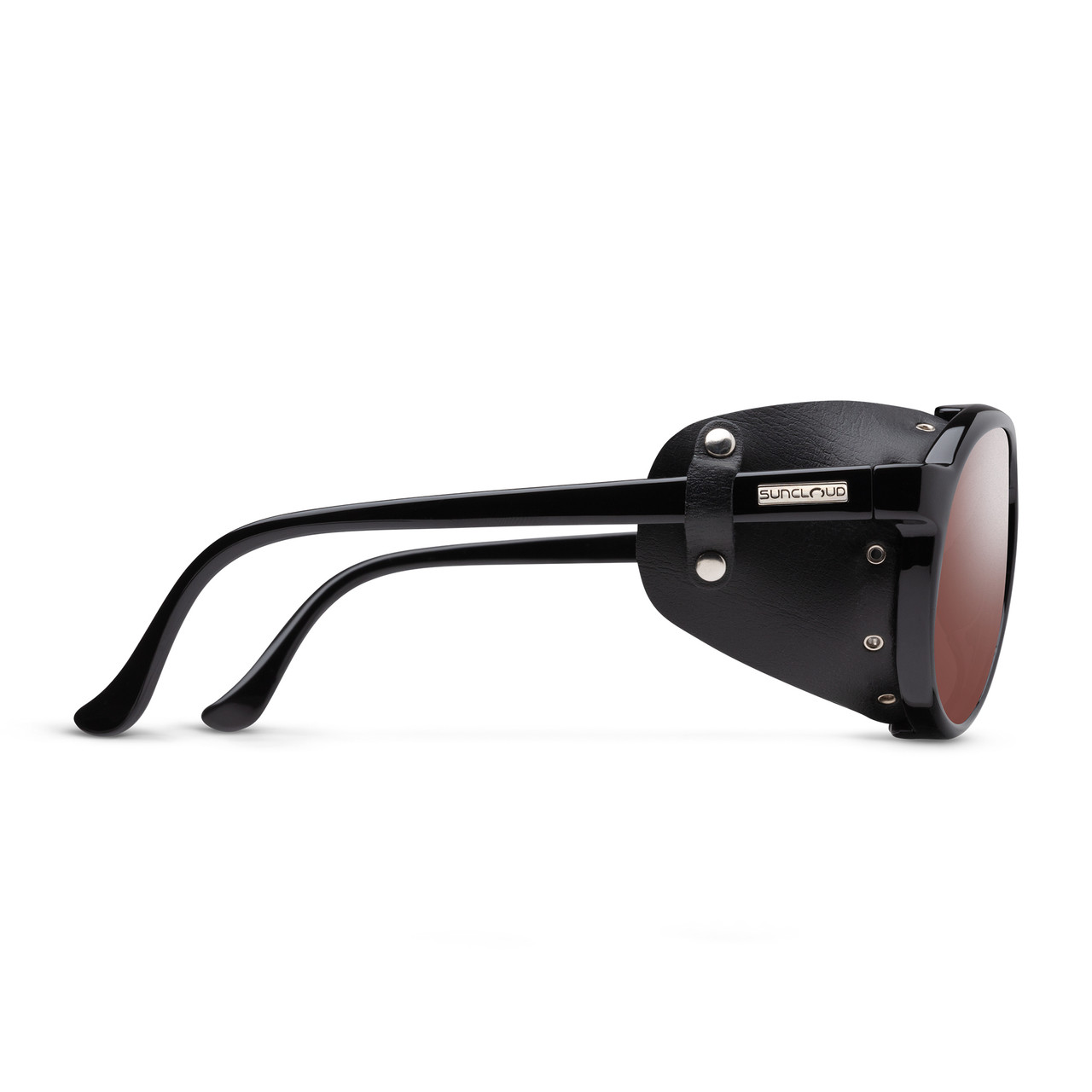 Side View of Suncloud Glacier Mountain Climbing Hiking Style Polarized Sunglasses Unisex Acetate Round Syn. Leather Side Shield in Black with Polar Rose Flash Mirror