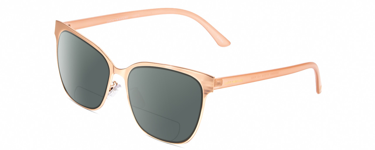 Profile View of Lucky Brand Doheny Designer Polarized Reading Sunglasses with Custom Cut Powered Smoke Grey Lenses in Gold Matte Pink Blush Ladies Cat Eye Full Rim Metal 57 mm