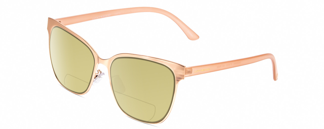 Profile View of Lucky Brand Doheny Designer Polarized Reading Sunglasses with Custom Cut Powered Sun Flower Yellow Lenses in Gold Matte Pink Blush Ladies Cat Eye Full Rim Metal 57 mm