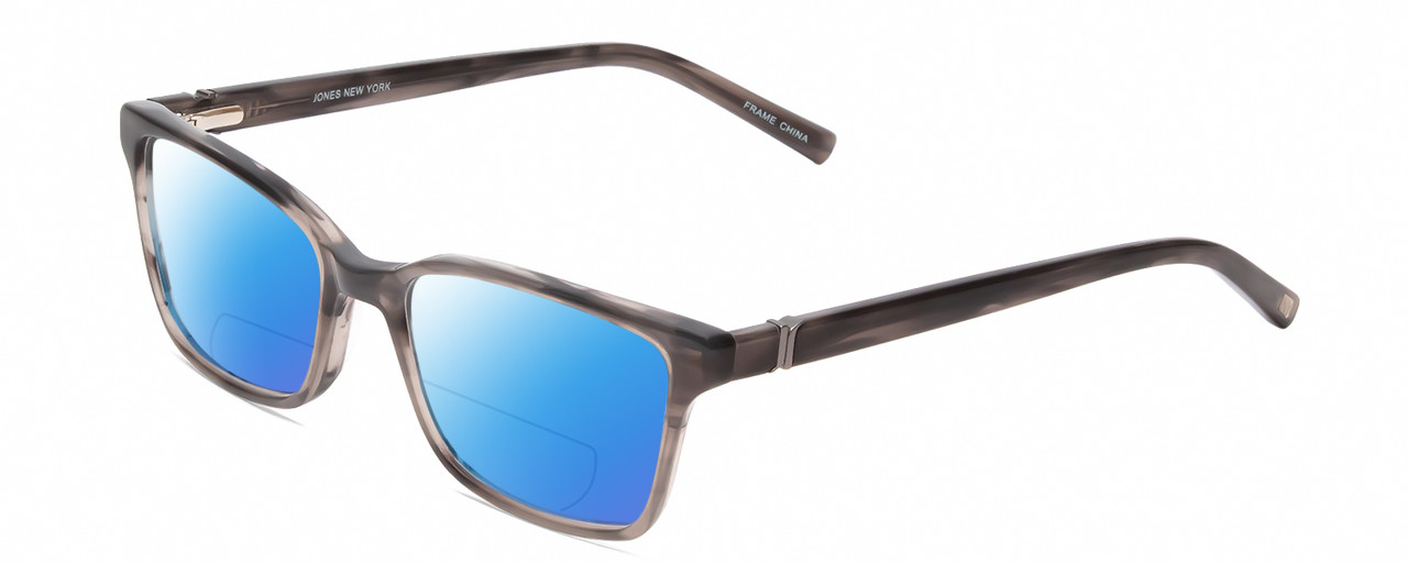 Profile View of Jones New York J227 Designer Polarized Reading Sunglasses with Custom Cut Powered Blue Mirror Lenses in Grey Marble Horn Ladies Square Full Rim Acetate 48 mm