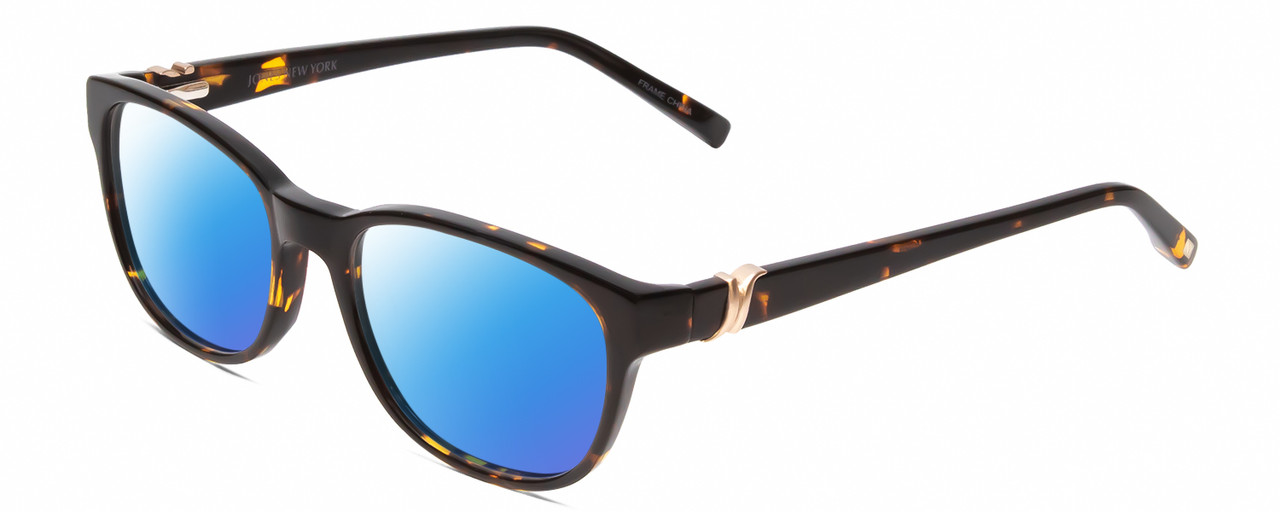 Profile View of Jones New York J755 Designer Polarized Sunglasses with Custom Cut Blue Mirror Lenses in Tortoise Havana Brown Gold Unisex Oval Full Rim Acetate 52 mm