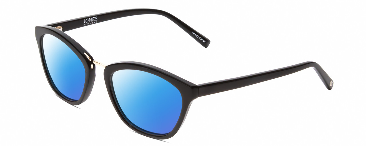 Profile View of Jones New York J766 Designer Polarized Sunglasses with Custom Cut Blue Mirror Lenses in Gloss Black Ladies Cat Eye Full Rim Acetate 52 mm