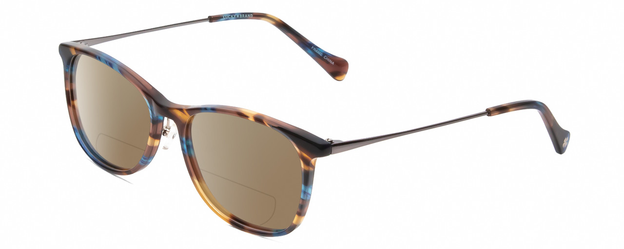 Profile View of Lucky Brand D510 Designer Polarized Reading Sunglasses with Custom Cut Powered Amber Brown Lenses in Blue Brown Stripe Horn Unisex Cat Eye Full Rim Acetate 52 mm