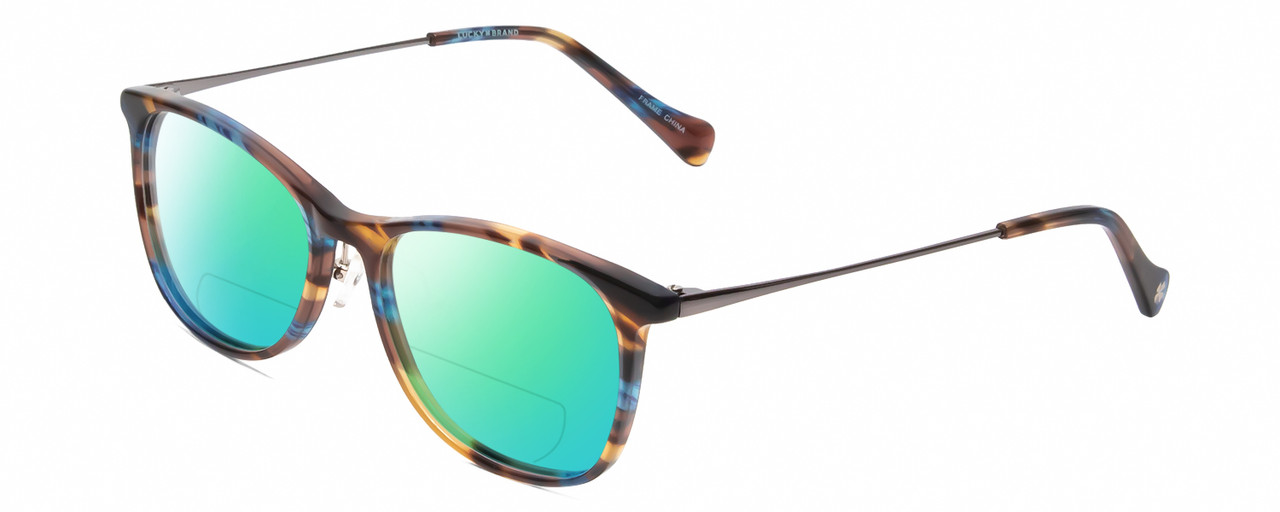 Profile View of Lucky Brand D510 Designer Polarized Reading Sunglasses with Custom Cut Powered Green Mirror Lenses in Blue Brown Stripe Horn Unisex Cat Eye Full Rim Acetate 52 mm