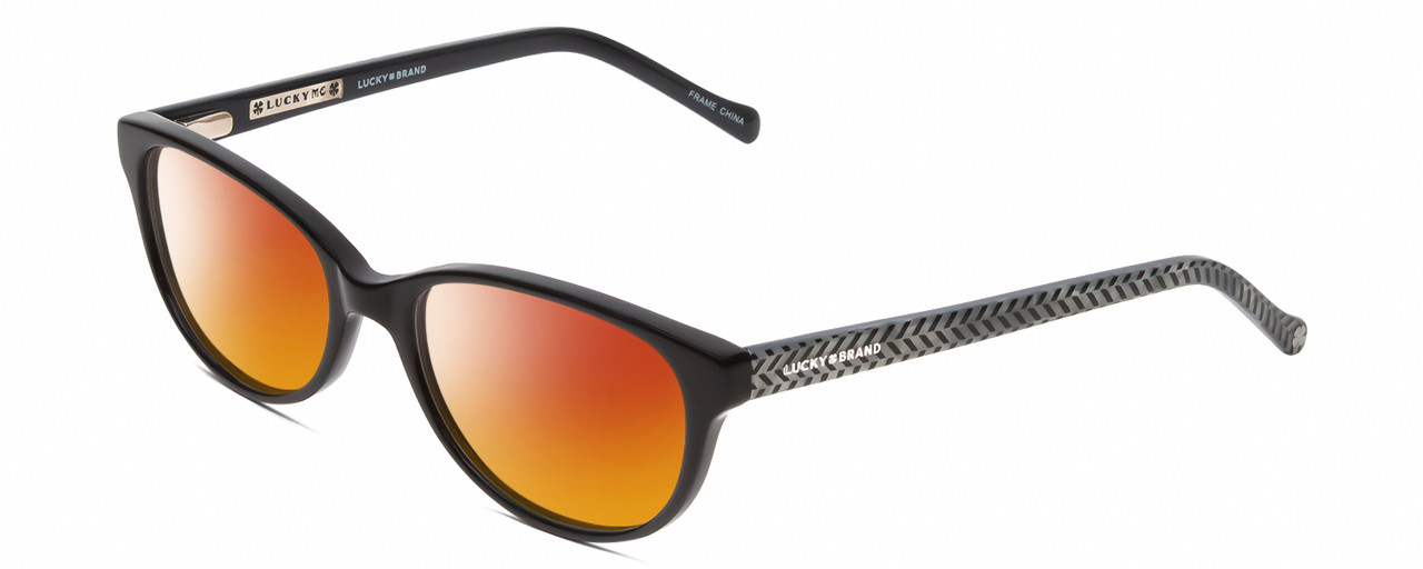 Profile View of Lucky Brand D701 Designer Polarized Sunglasses with Custom Cut Red Mirror Lenses in Gloss Black Ladies Oval Full Rim Acetate 49 mm