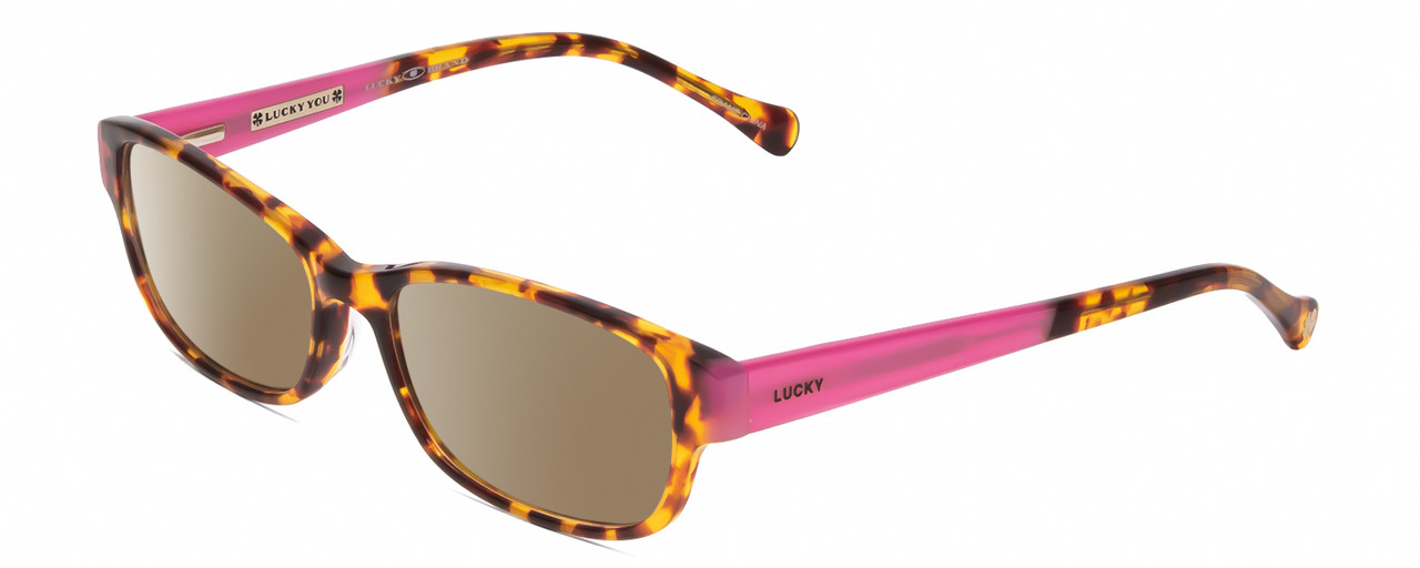 Profile View of Lucky Brand Lunada Designer Polarized Sunglasses with Custom Cut Amber Brown Lenses in Havana Tokyo Tortoise Brown Gold Pink Ladies Cat Eye Full Rim Acetate 53 mm