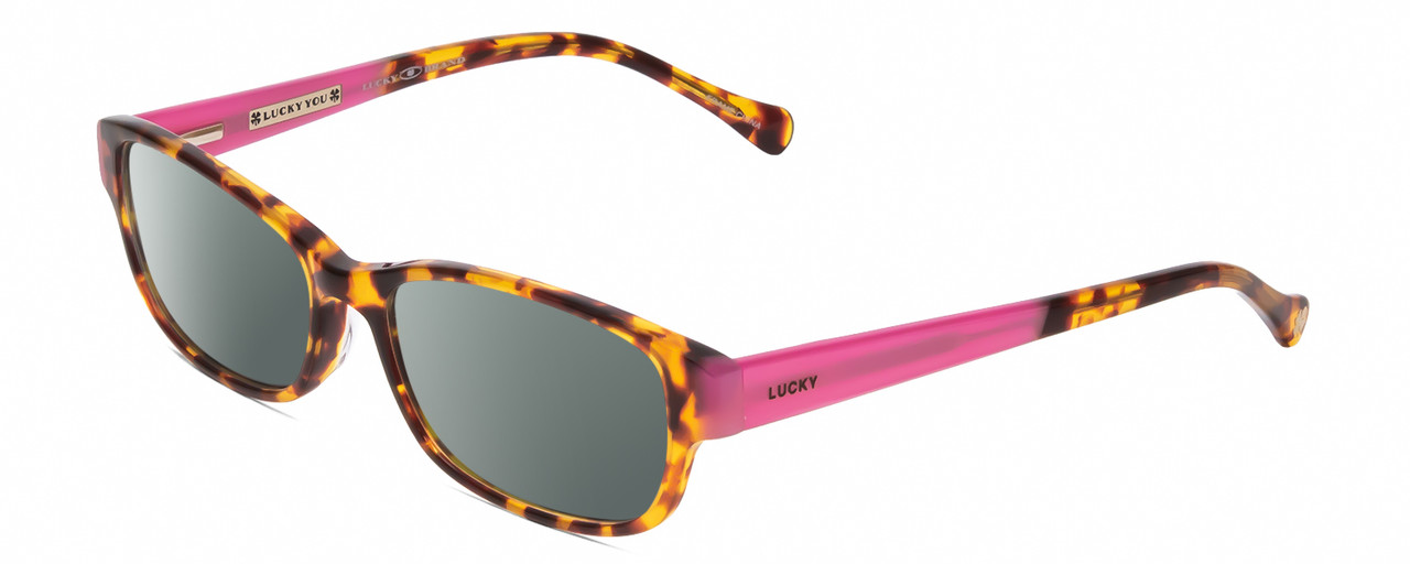 Profile View of Lucky Brand Lunada Designer Polarized Sunglasses with Custom Cut Smoke Grey Lenses in Havana Tokyo Tortoise Brown Gold Pink Ladies Cat Eye Full Rim Acetate 53 mm