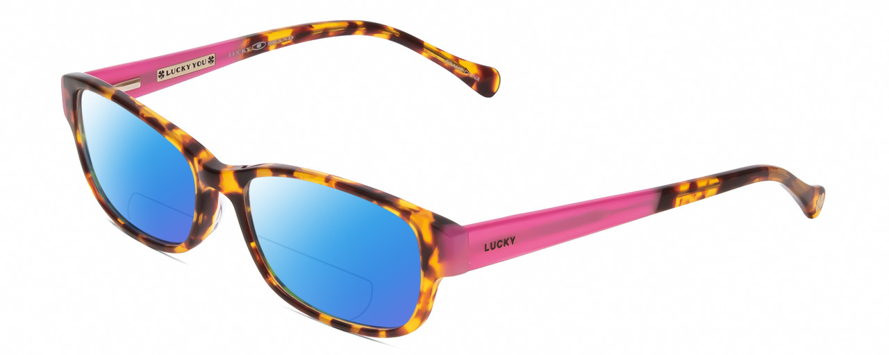 Profile View of Lucky Brand Lunada Designer Polarized Reading Sunglasses with Custom Cut Powered Blue Mirror Lenses in Havana Tokyo Tortoise Brown Gold Pink Ladies Cat Eye Full Rim Acetate 53 mm