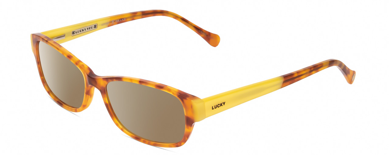 Profile View of Lucky Brand Porter Designer Polarized Sunglasses with Custom Cut Amber Brown Lenses in Blonde Tokyo Tortoise Havana Yellow Unisex Oval Full Rim Acetate 53 mm