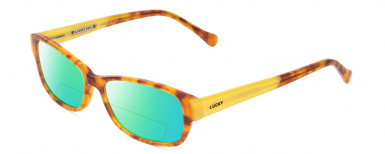 Profile View of Lucky Brand Porter Designer Polarized Reading Sunglasses with Custom Cut Powered Green Mirror Lenses in Blonde Tokyo Tortoise Havana Yellow Unisex Oval Full Rim Acetate 53 mm