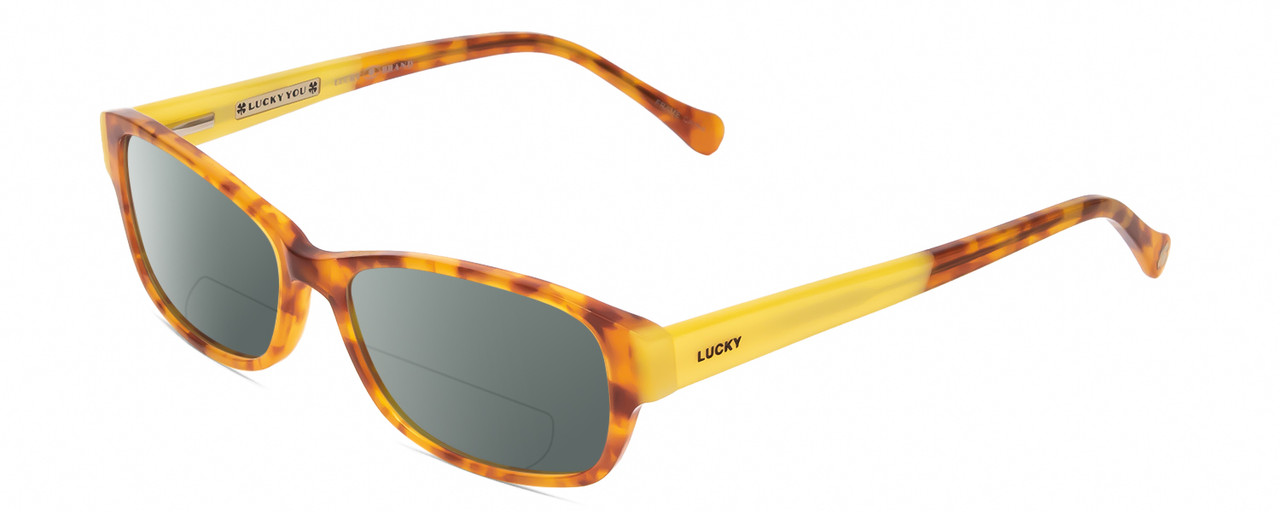 Profile View of Lucky Brand Porter Designer Polarized Reading Sunglasses with Custom Cut Powered Smoke Grey Lenses in Blonde Tokyo Tortoise Havana Yellow Unisex Oval Full Rim Acetate 53 mm