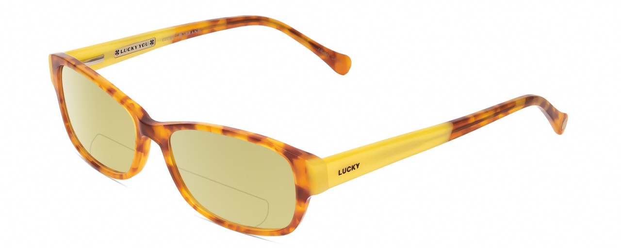 Profile View of Lucky Brand Porter Designer Polarized Reading Sunglasses with Custom Cut Powered Sun Flower Yellow Lenses in Blonde Tokyo Tortoise Havana Yellow Unisex Oval Full Rim Acetate 53 mm