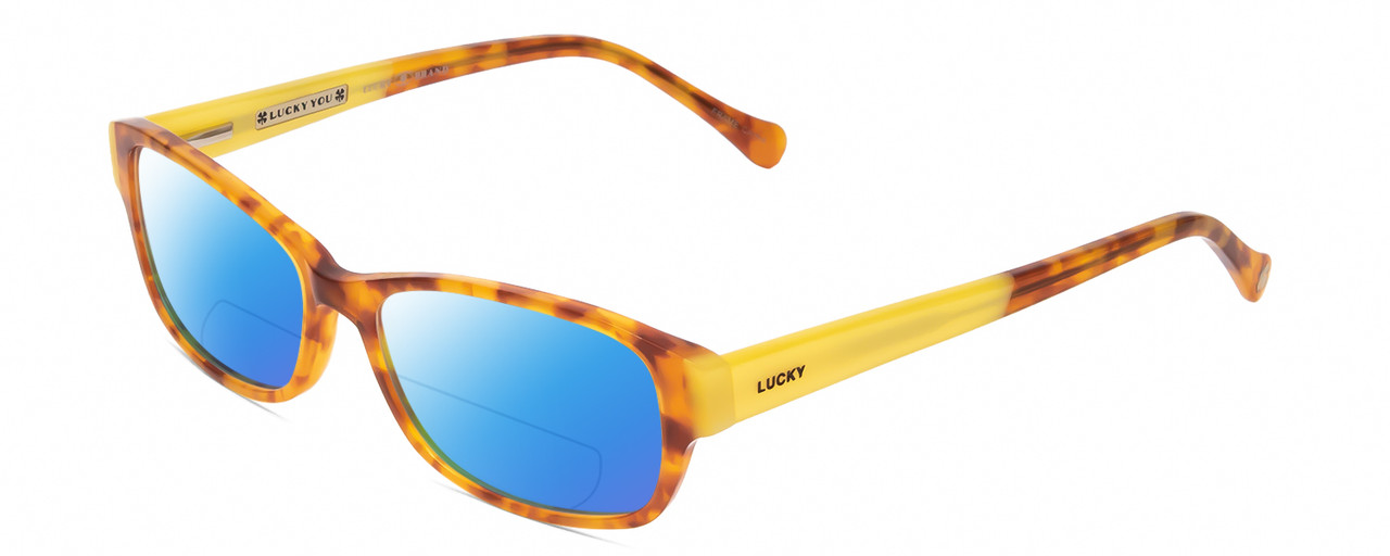 Profile View of Lucky Brand Porter Designer Polarized Reading Sunglasses with Custom Cut Powered Blue Mirror Lenses in Blonde Tokyo Tortoise Havana Yellow Unisex Oval Full Rim Acetate 53 mm