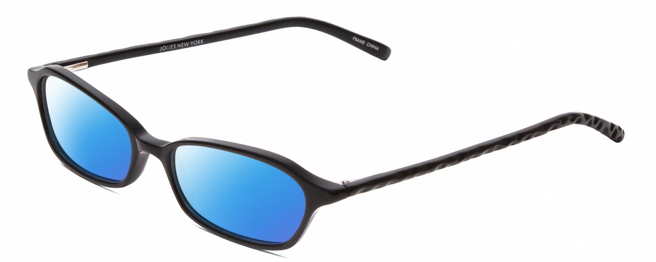 Profile View of Jones New York J220 Designer Polarized Sunglasses with Custom Cut Blue Mirror Lenses in Black Ladies Cat Eye Full Rim Acetate 49 mm