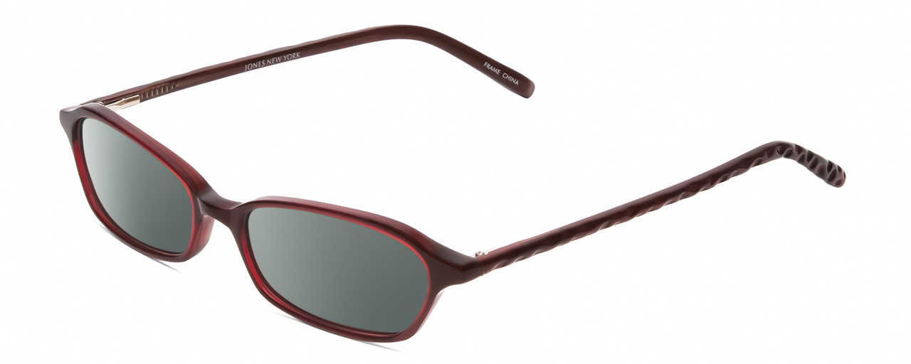 Profile View of Jones New York J220 Designer Polarized Sunglasses with Custom Cut Smoke Grey Lenses in Burgundy Red Ladies Cat Eye Full Rim Acetate 49 mm