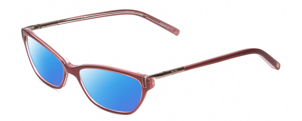 Profile View of Jones New York J223 Designer Polarized Sunglasses with Custom Cut Blue Mirror Lenses in Pink Bubble Gum Crystal Silver Ladies Cat Eye Full Rim Acetate 49 mm