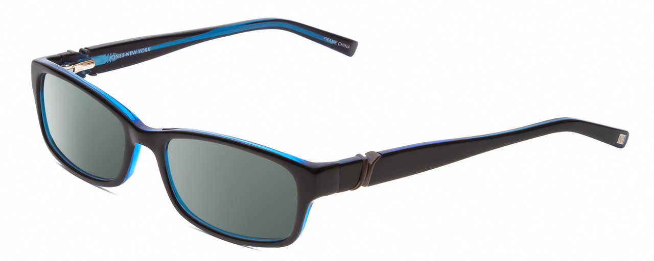 Profile View of Jones New York J225 Designer Polarized Sunglasses with Custom Cut Smoke Grey Lenses in Black Blue Layer Crystal Ladies Square Full Rim Acetate 49 mm