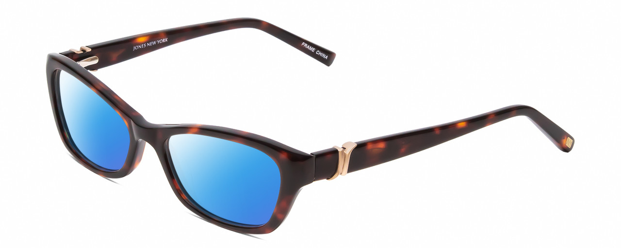 Profile View of Jones New York J226 Designer Polarized Sunglasses with Custom Cut Blue Mirror Lenses in Tortoise Havana Brown Gold Unisex Cat Eye Full Rim Acetate 50 mm