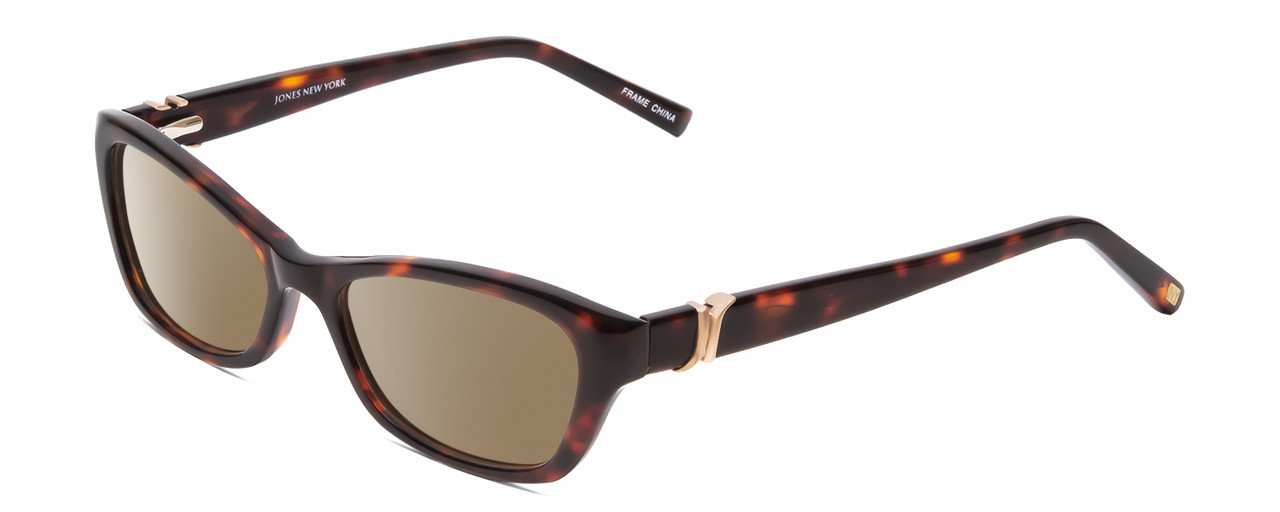 Profile View of Jones New York J226 Designer Polarized Sunglasses with Custom Cut Amber Brown Lenses in Tortoise Havana Brown Gold Unisex Cat Eye Full Rim Acetate 50 mm