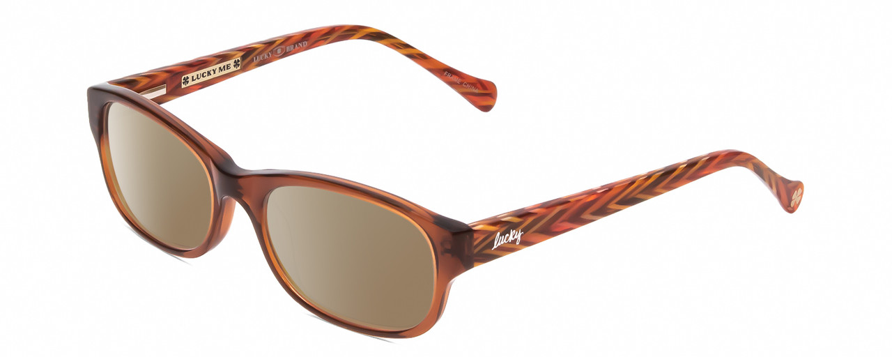 Profile View of Lucky Brand Busy Bee Designer Polarized Sunglasses with Custom Cut Amber Brown Lenses in Brown Crystal Caramel Ladies Cat Eye Full Rim Acetate 49 mm