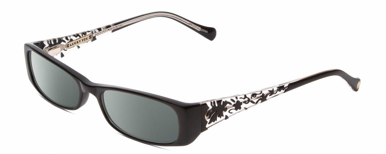 Profile View of Lucky Brand Michelle Designer Polarized Sunglasses with Custom Cut Smoke Grey Lenses in Gloss Black Crystal Confetti Ladies Rectangular Full Rim Acetate 51 mm