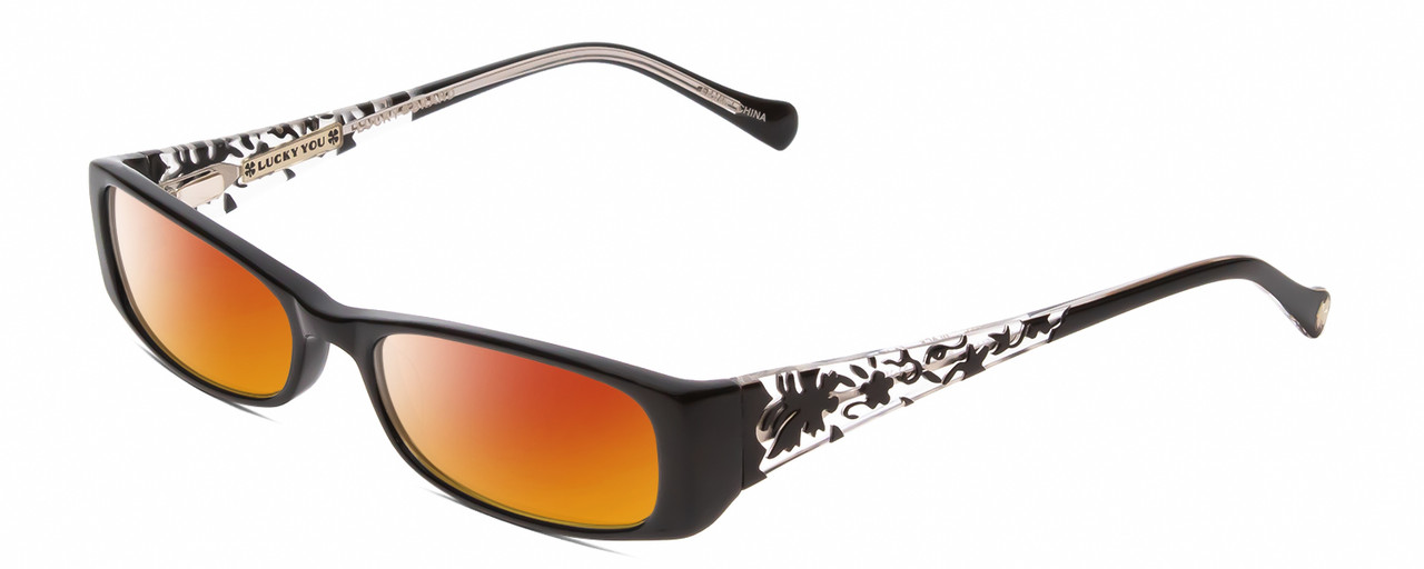 Profile View of Lucky Brand Michelle Designer Polarized Sunglasses with Custom Cut Red Mirror Lenses in Gloss Black Crystal Confetti Ladies Rectangular Full Rim Acetate 51 mm