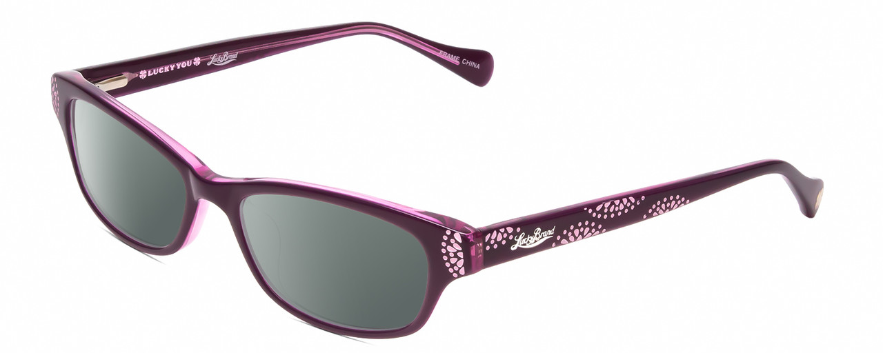 Profile View of Lucky Brand Swirl Designer Polarized Sunglasses with Custom Cut Smoke Grey Lenses in Purple Layer Crystal Ladies Cat Eye Full Rim Acetate 53 mm