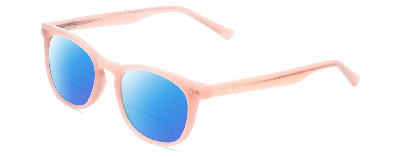 Profile View of Prive Revaux Show Off Single Designer Polarized Reading Sunglasses with Custom Cut Powered Blue Mirror Lenses in Crystal Amethyst Pink Ladies Round Full Rim Acetate 48 mm