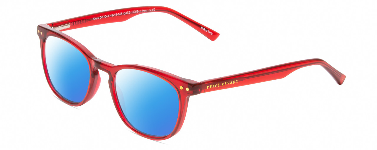 Profile View of Prive Revaux Show Off Single Designer Polarized Sunglasses with Custom Cut Blue Mirror Lenses in Red Crystal Ladies Round Full Rim Acetate 48 mm