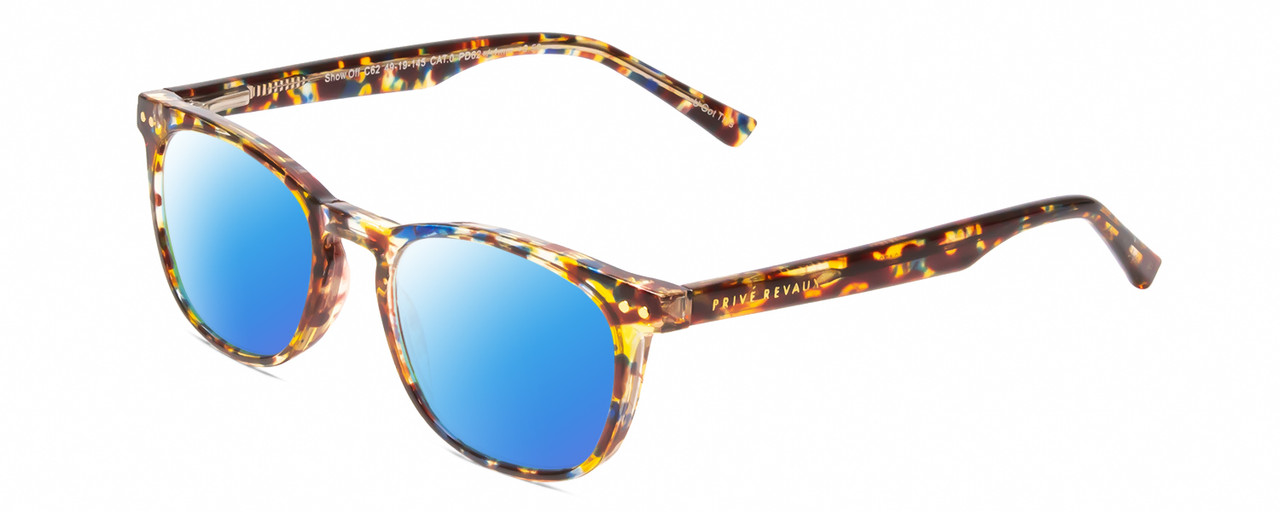 Profile View of Prive Revaux Show Off Single Designer Polarized Sunglasses with Custom Cut Blue Mirror Lenses in Multi Tortoise Havana Crystal Ladies Round Full Rim Acetate 48 mm