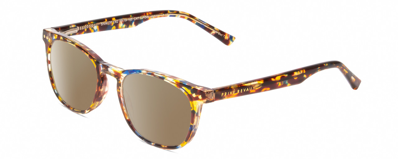 Profile View of Prive Revaux Show Off Single Designer Polarized Sunglasses with Custom Cut Amber Brown Lenses in Multi Tortoise Havana Crystal Ladies Round Full Rim Acetate 48 mm