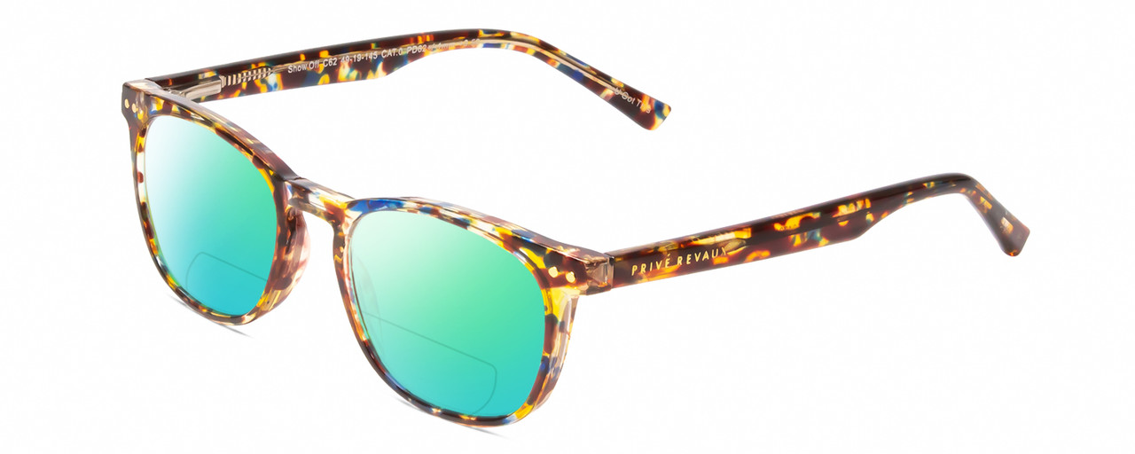 Profile View of Prive Revaux Show Off Single Designer Polarized Reading Sunglasses with Custom Cut Powered Green Mirror Lenses in Multi Tortoise Havana Crystal Ladies Round Full Rim Acetate 48 mm