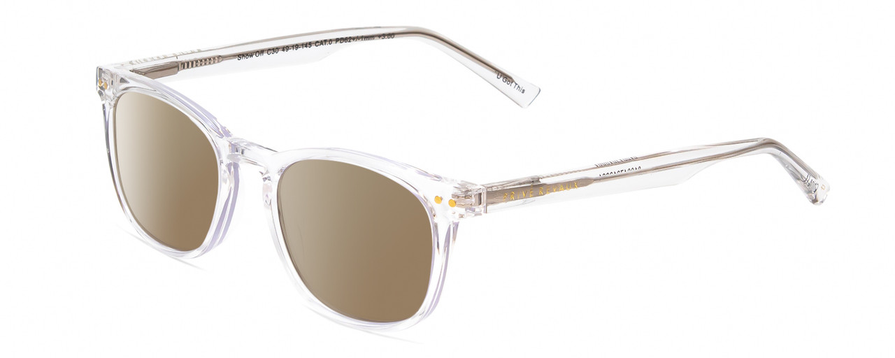 Profile View of Prive Revaux Show Off Single Designer Polarized Sunglasses with Custom Cut Amber Brown Lenses in Clear Crystal Ladies Round Full Rim Acetate 48 mm