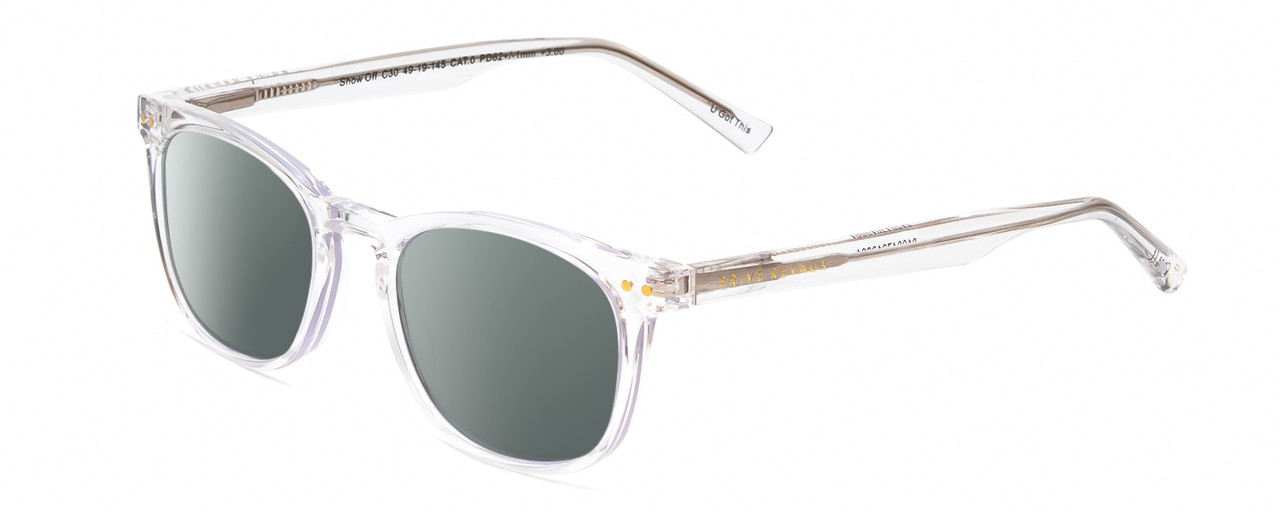 Profile View of Prive Revaux Show Off Single Designer Polarized Sunglasses with Custom Cut Smoke Grey Lenses in Clear Crystal Ladies Round Full Rim Acetate 48 mm