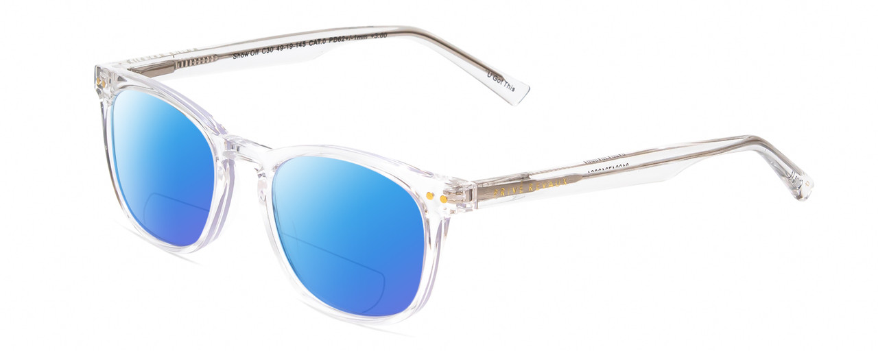 Profile View of Prive Revaux Show Off Single Designer Polarized Reading Sunglasses with Custom Cut Powered Blue Mirror Lenses in Clear Crystal Ladies Round Full Rim Acetate 48 mm