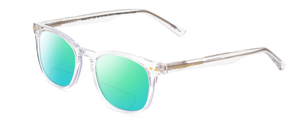 Profile View of Prive Revaux Show Off Single Designer Polarized Reading Sunglasses with Custom Cut Powered Green Mirror Lenses in Clear Crystal Ladies Round Full Rim Acetate 48 mm