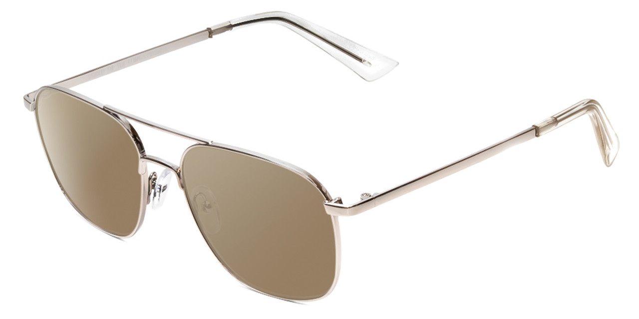 Profile View of Book Club Bored of Flings Designer Polarized Sunglasses with Custom Cut Amber Brown Lenses in Gloss Silver Unisex Pilot Full Rim Metal 55 mm