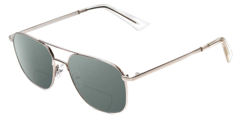 Profile View of Book Club Bored of Flings Designer Polarized Reading Sunglasses with Custom Cut Powered Smoke Grey Lenses in Gloss Silver Unisex Pilot Full Rim Metal 55 mm